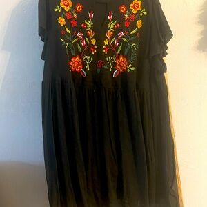 SHEIN Curve black dress with embroidered flowers and flutter sleeves